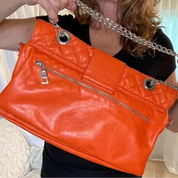 Jenna Kador Oversized Tote Bag Purse Orange Silver Chain cross body & Buckle - Picture 4 of 14
